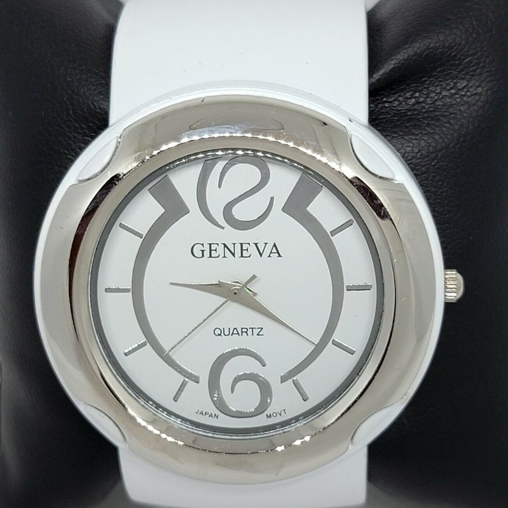 Geneva analog watch cuff bracelet quartz Japan Mov’t white silver tone womens